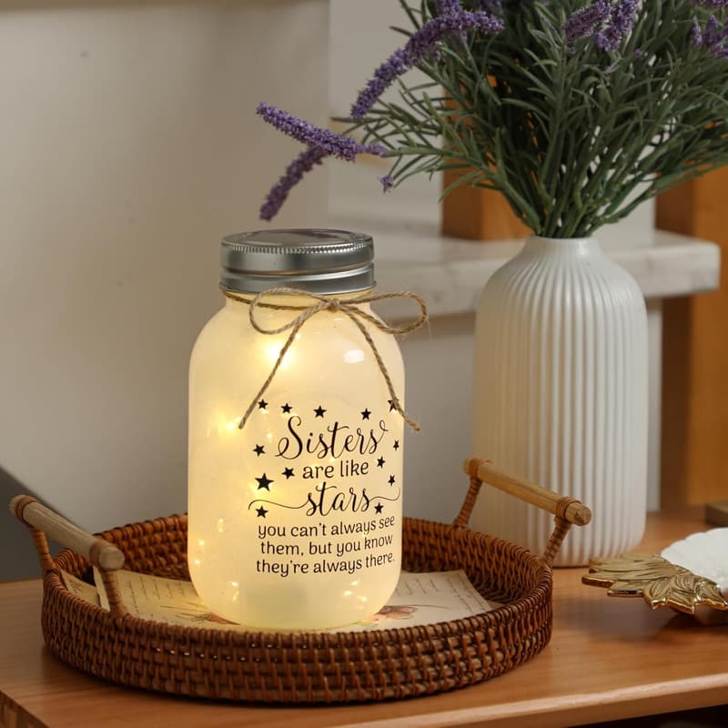 Sister Birthday Gift - Mason Jar Night Light with Warm Lights