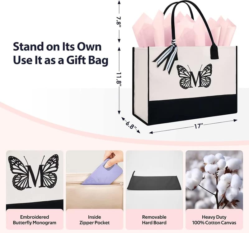 Personalized Embroidered Butterfly Tote Bag for Her Birthday