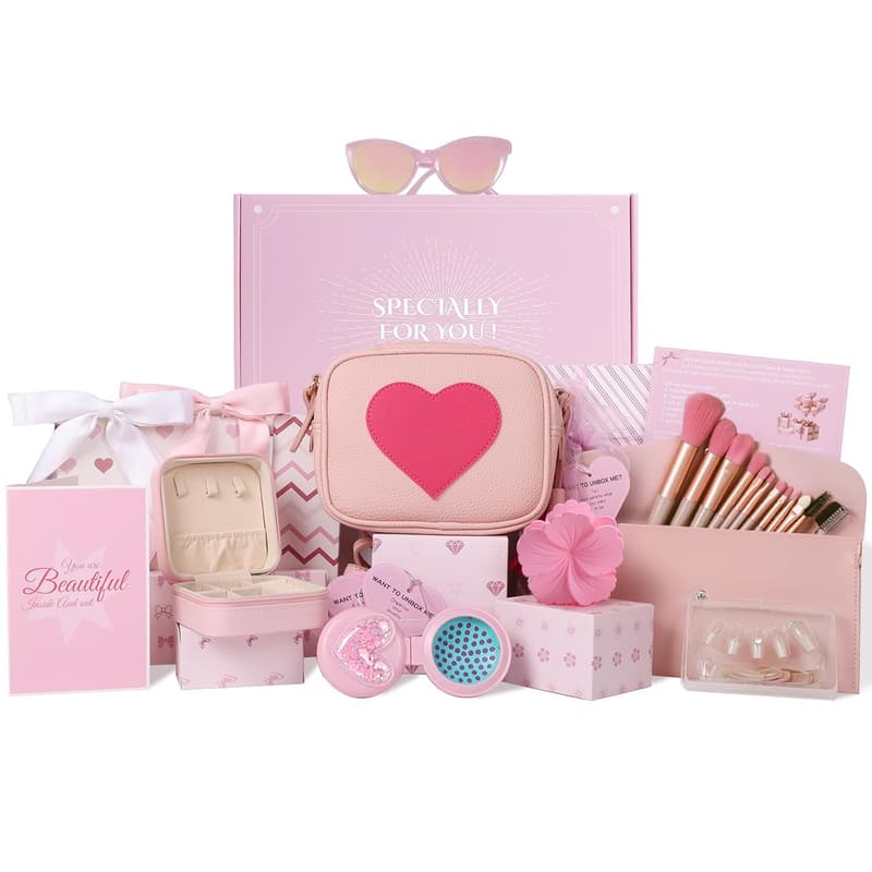 Teen Girl Birthday Gift Basket with 8 Pink Presents & Task Tags