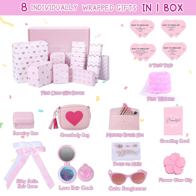 Teen Girl Birthday Gift Basket with 8 Pink Presents & Task Tags