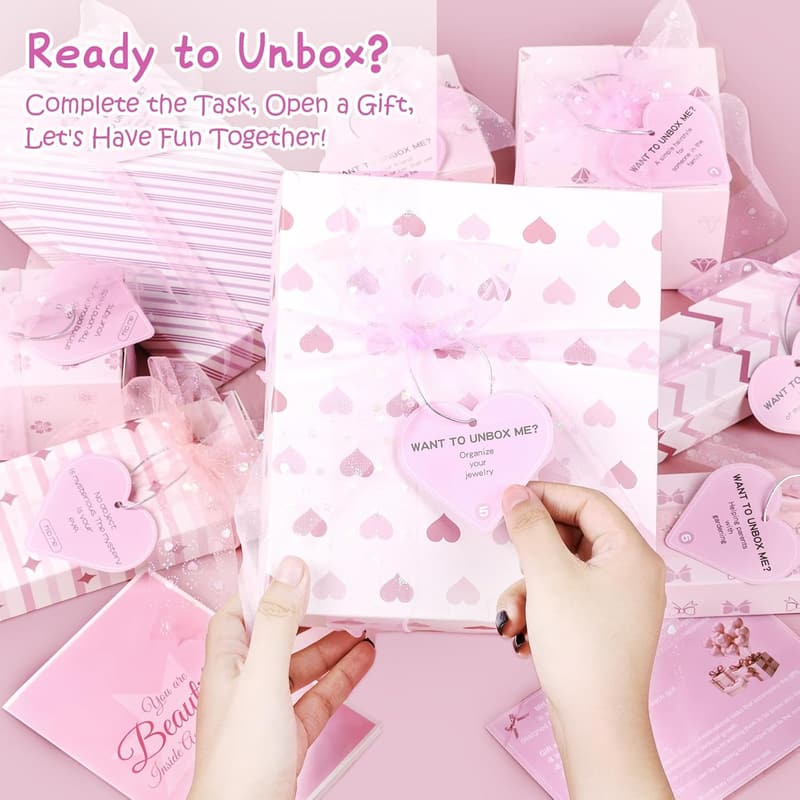 Teen Girl Birthday Gift Basket with 8 Pink Presents & Task Tags