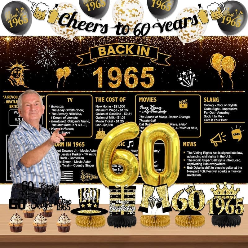 Vintage 60th Birthday Decorations with 1965 Backdrop