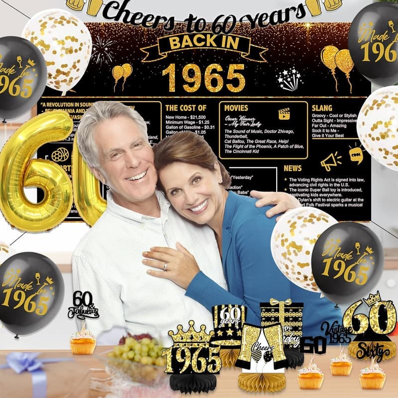 Vintage 60th Birthday Decorations with 1965 Backdrop