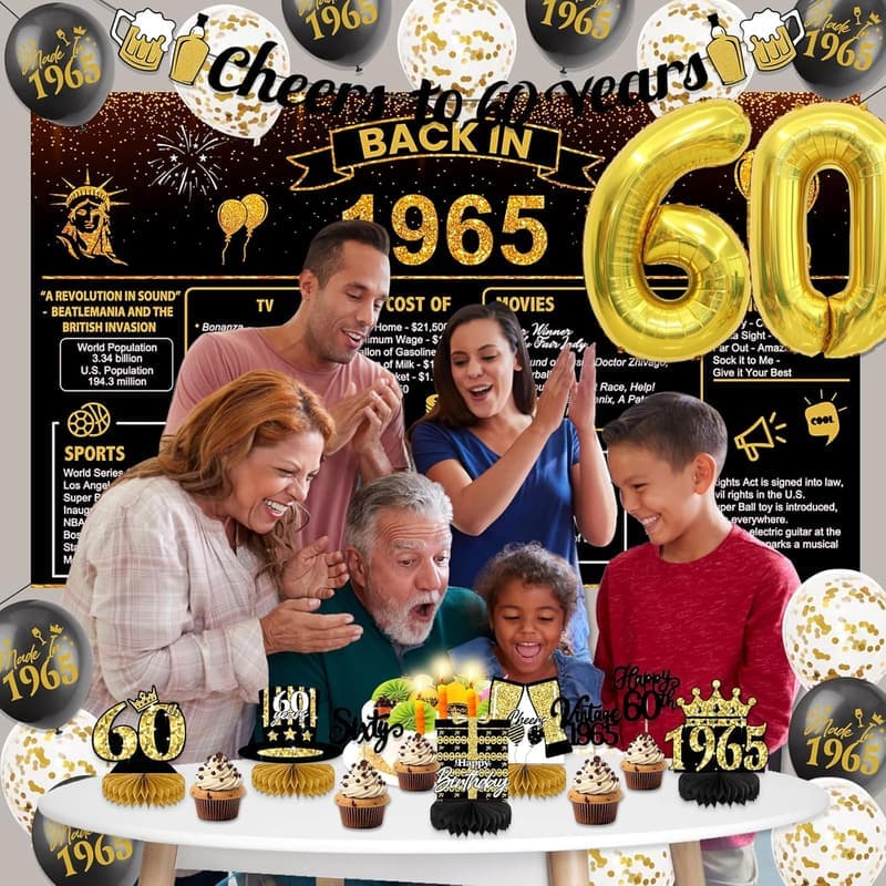 Vintage 60th Birthday Decorations with 1965 Backdrop