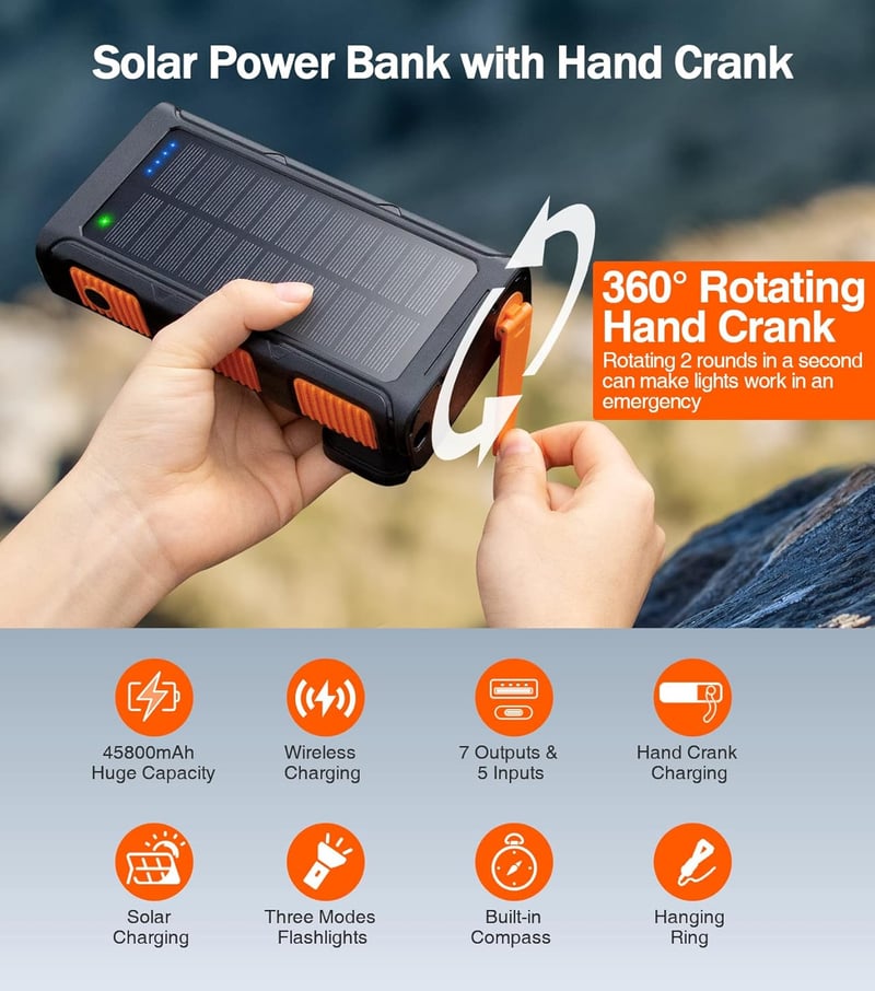 45800mAh Solar Power Bank with Hand Crank & 15W Fast Charging