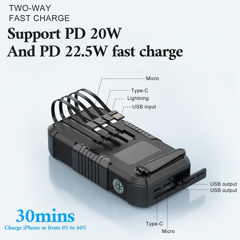 Portable 66800mAh Solar Charger with Hand Crank & Flashlight