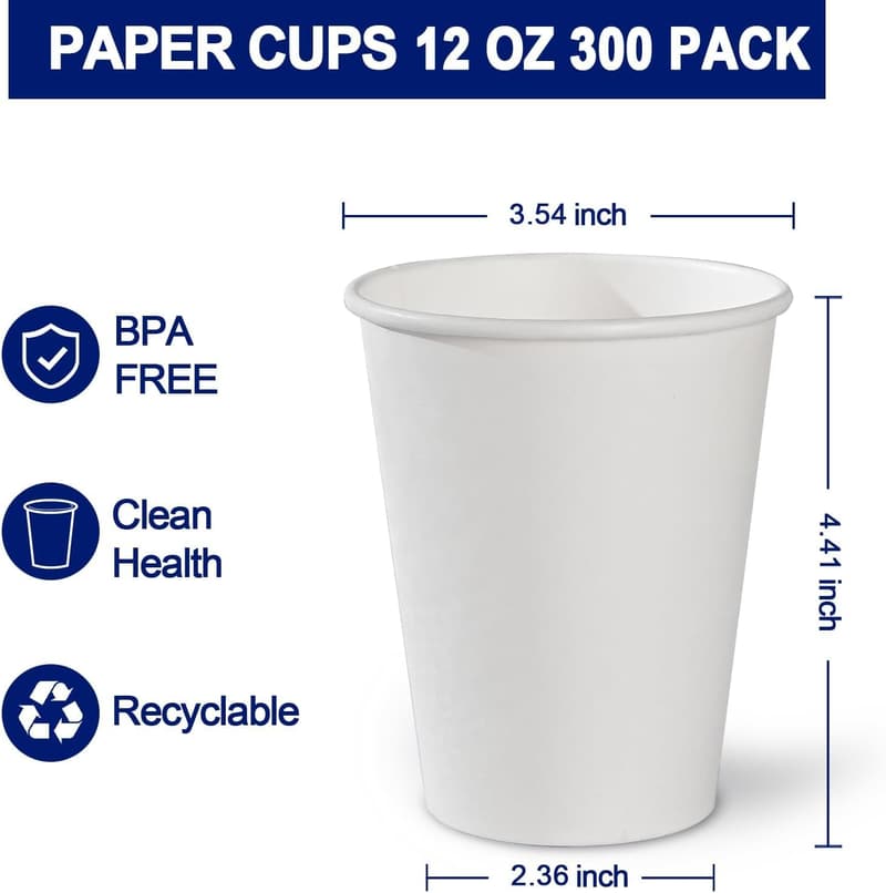12 oz Disposable Paper Coffee Cups - 300 Count for Home & Events