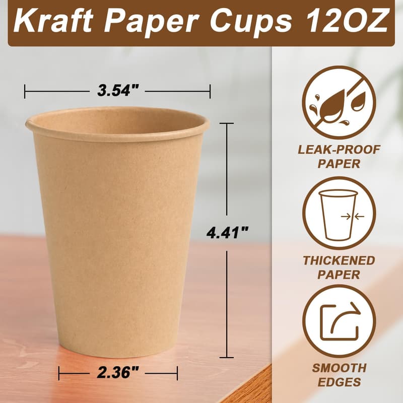 Disposable 12 oz Kraft Coffee Cups - 300 Pack