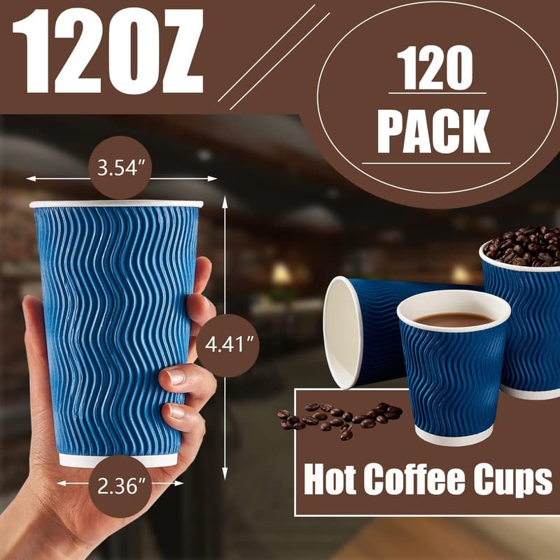 Insulated 12 oz Disposable Coffee Cups - 120 Pack (Navy)