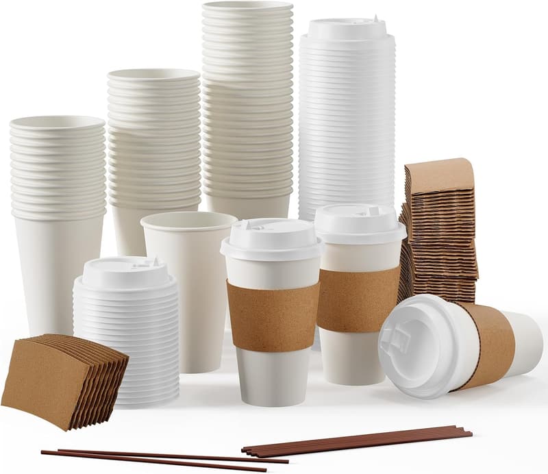 Disposable Paper Coffee Cups Set with Lids & Sleeves, 100 Pack