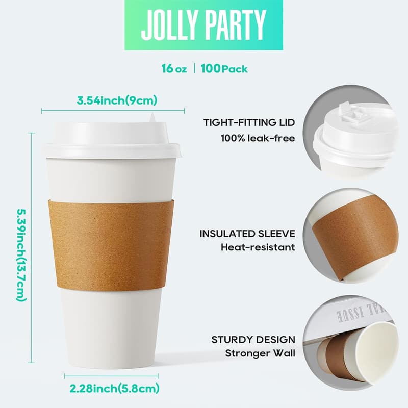 Disposable Paper Coffee Cups Set with Lids & Sleeves, 100 Pack