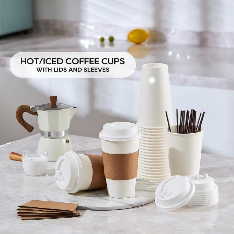 Disposable Paper Coffee Cups Set with Lids & Sleeves, 100 Pack