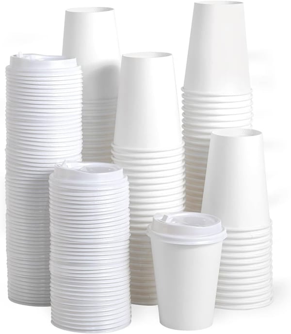 Disposable 12 oz Paper Coffee Cups - 100 Pack with Lids for Hot/Cold Beverages