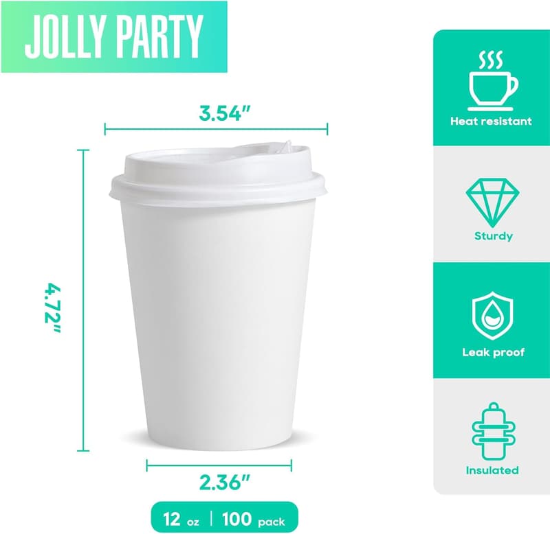 Disposable 12 oz Paper Coffee Cups - 100 Pack with Lids for Hot/Cold Beverages