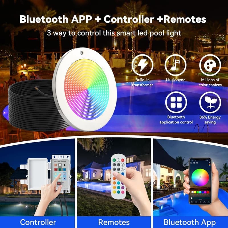 LED Pool Lights with Remote Control & App - 54W, Waterproof
