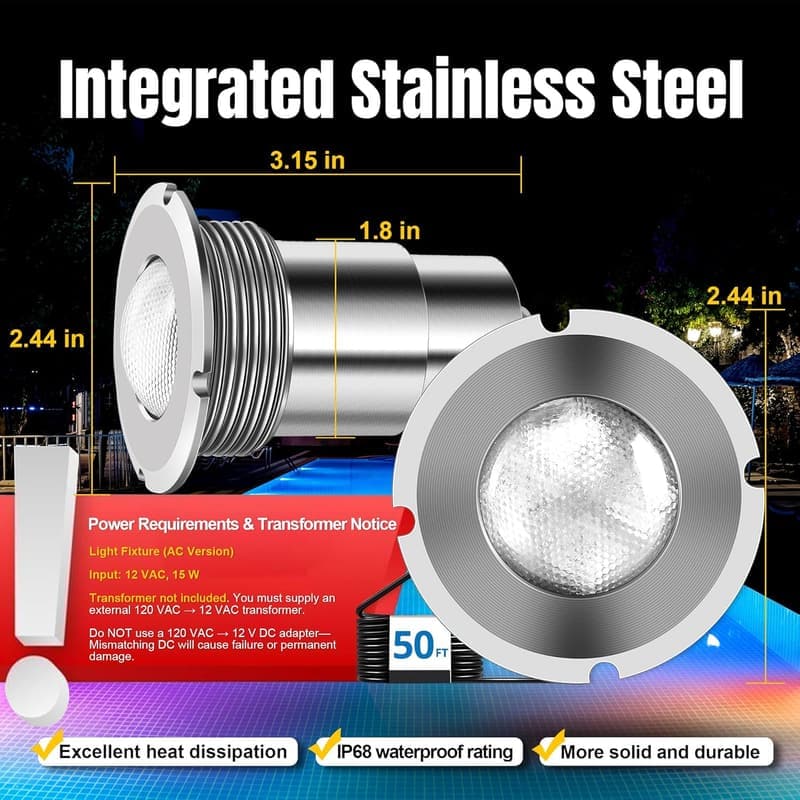 LED Pool Light for Inground Pools - IP68 Waterproof, Remote Control