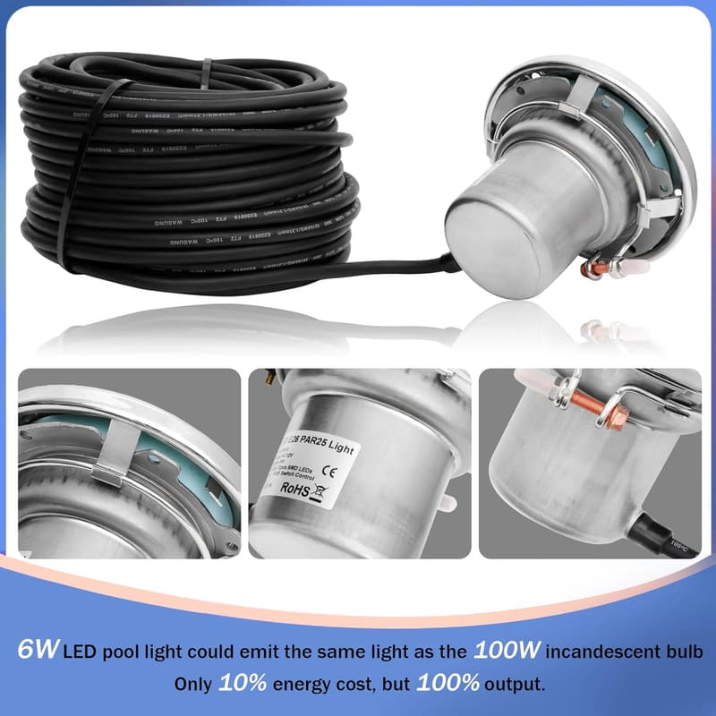 6-Inch LED Underwater Pool Spa Lights - 50FT, White