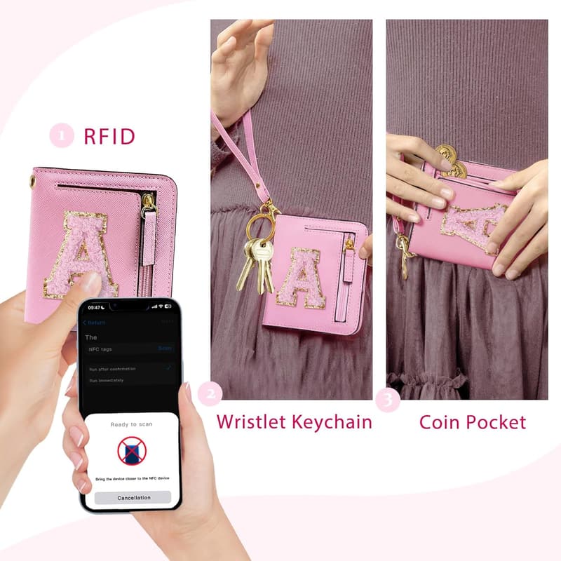 Initial Monogram Wallet for Teen Girls - Pink Chenille Bifold