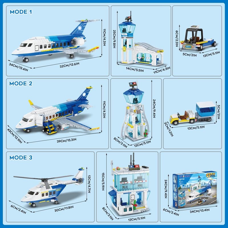 3-in-1 City Airplane Building Set with Airport Terminal, 711 PCS