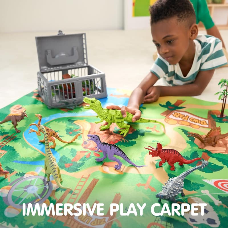 Dinosaur Toy Set with Play Mat and Storage Cage for Kids