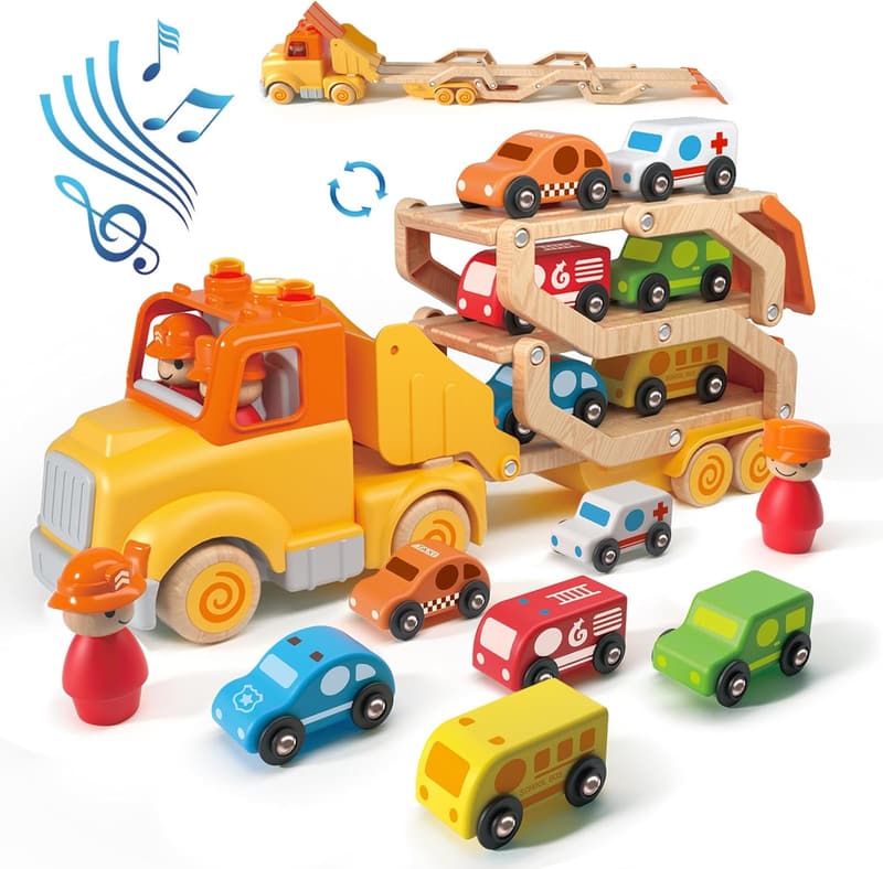 Transport Car Carrier Truck Toy Set with 6 Wooden Vehicles