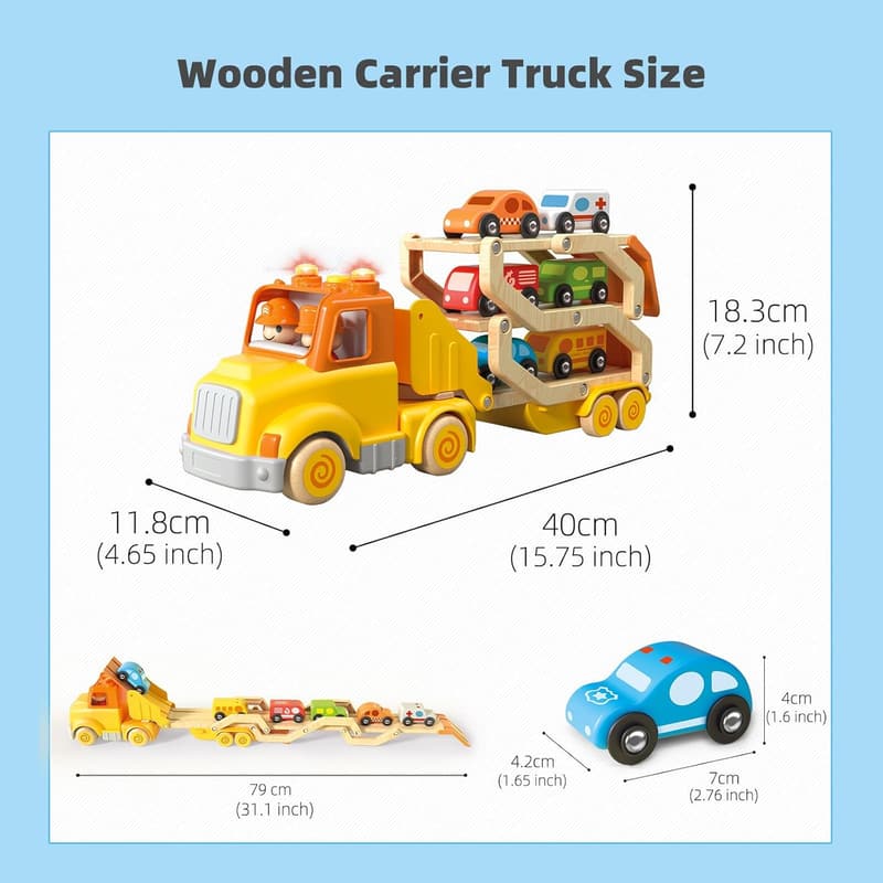 Transport Car Carrier Truck Toy Set with 6 Wooden Vehicles