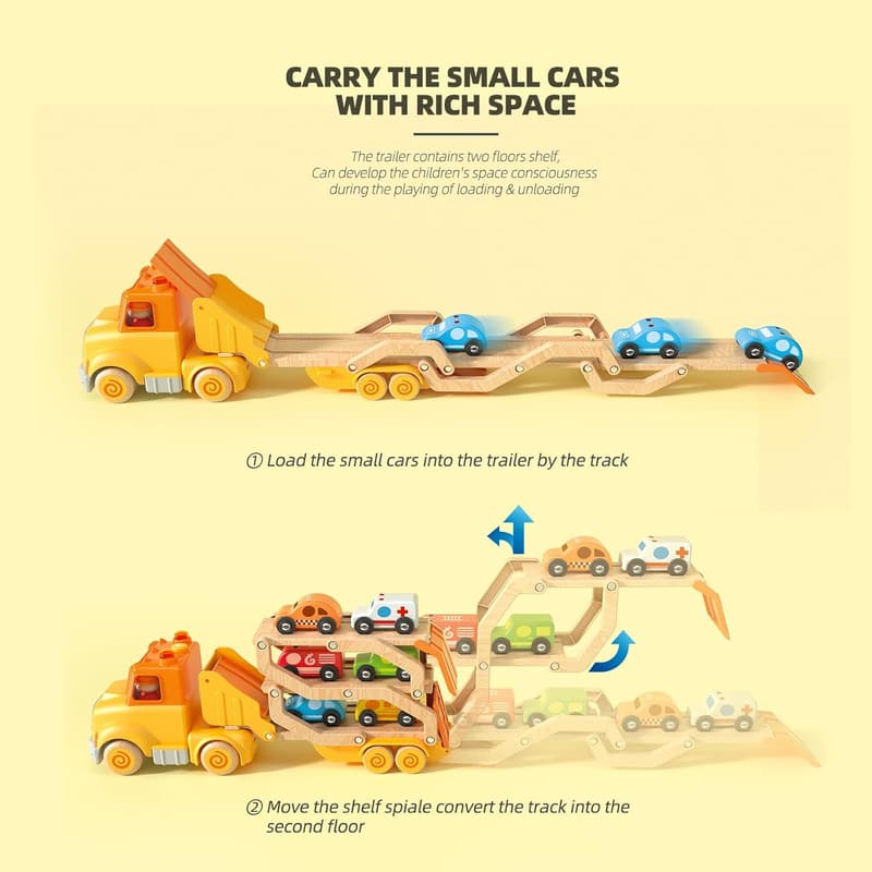 Transport Car Carrier Truck Toy Set with 6 Wooden Vehicles