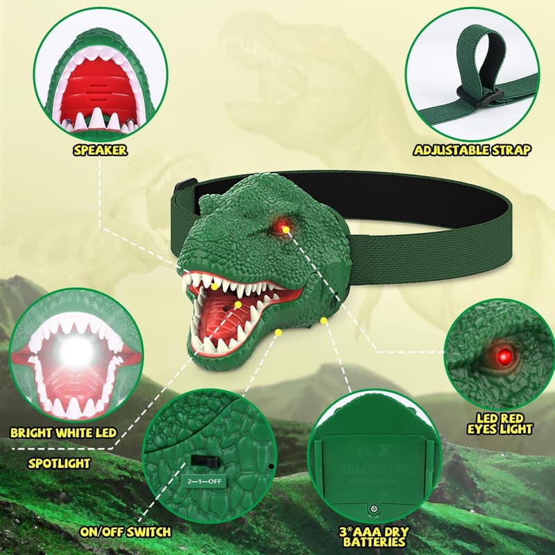 Dinosaur Headlamp Flashlight for Kids – T-Rex Camping Gift