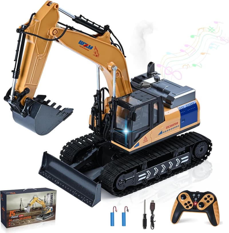 Remote Control Excavator Toy with Metal Shovel & Lights for Kids