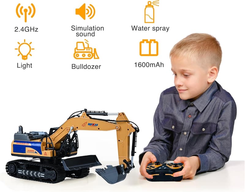Remote Control Excavator Toy with Metal Shovel & Lights for Kids