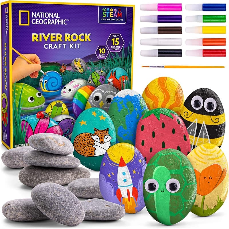 Kids' Rock Painting Kit - Decorate 15 River Rocks with 10 Paint Colors