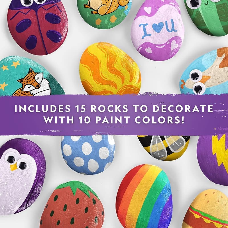 Kids' Rock Painting Kit - Decorate 15 River Rocks with 10 Paint Colors