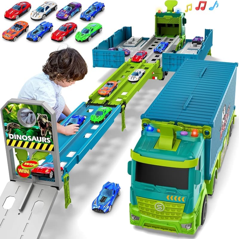 Dinosaur Carrier Truck Playset with 8 Race Cars for Toddlers