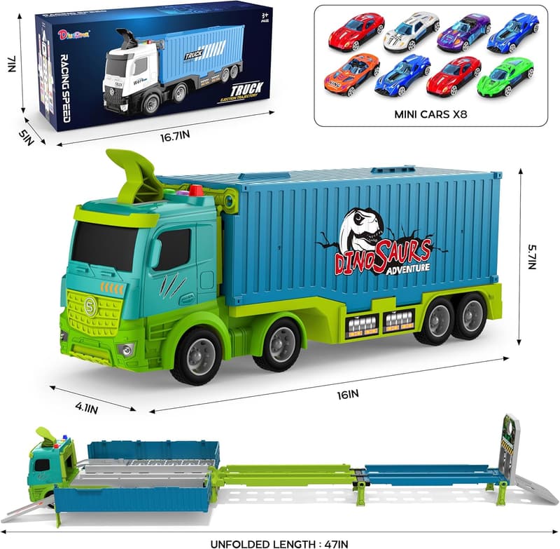 Dinosaur Carrier Truck Playset with 8 Race Cars for Toddlers