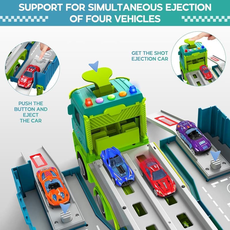 Dinosaur Carrier Truck Playset with 8 Race Cars for Toddlers