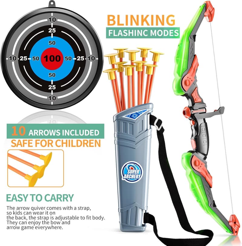 Kids' Bow and Arrow Set - LED Target Archery Toy with Quiver