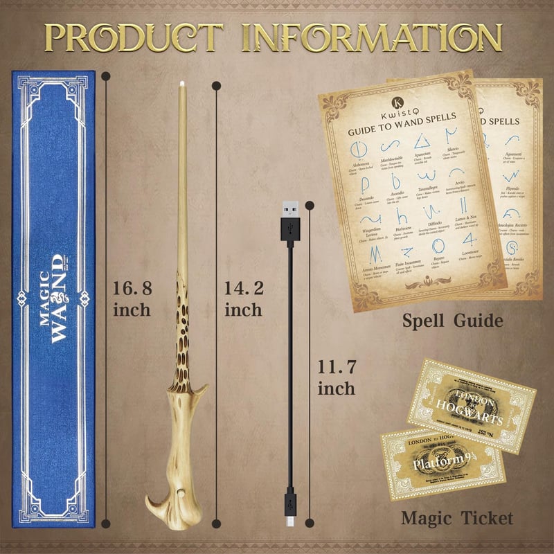 Rechargeable Magic Wand Toy with Light and Spell Guide