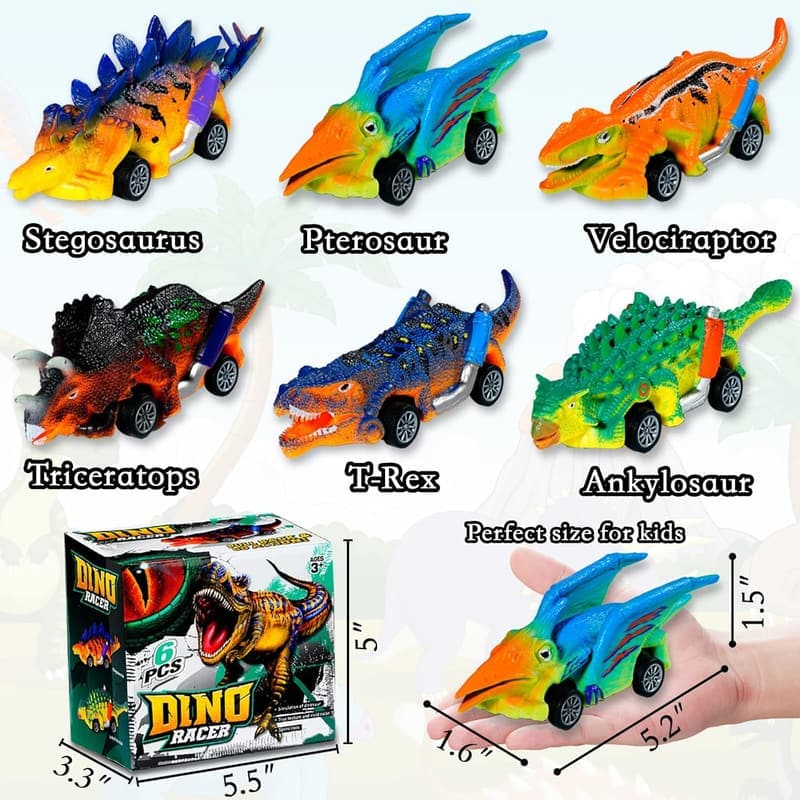 Dinosaur Pull Back Cars Toy Set - 6 Pack for Kids 3-7