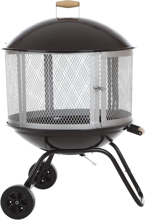 Outdoor Rolling Fire Pit with Wheels & Handle - Black & Silver