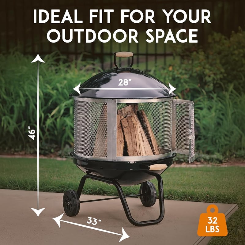 Outdoor Rolling Fire Pit with Wheels & Handle - Black & Silver