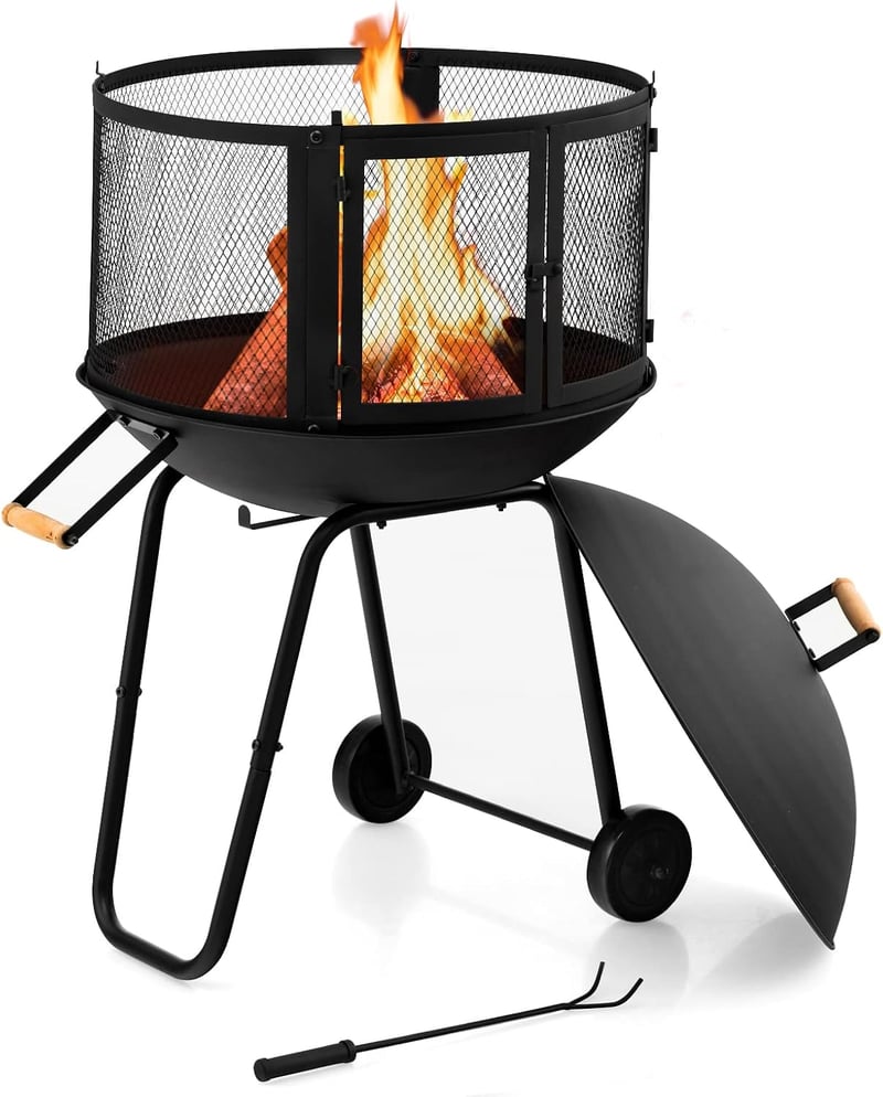 Outdoor Portable Fire Pit with Wheels - Heavy-Duty Steel Frame