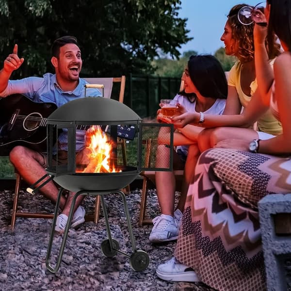 Outdoor Portable Fire Pit with Wheels - Heavy-Duty Steel Frame