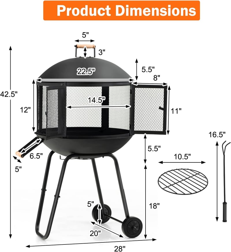 Outdoor Portable Fire Pit with Wheels - Heavy-Duty Steel Frame