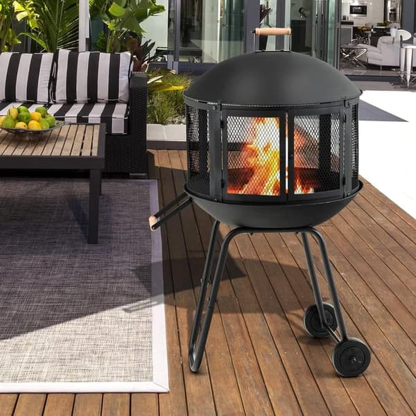 28” Outdoor Rolling Fire Pit with Lockable Doors and Poker