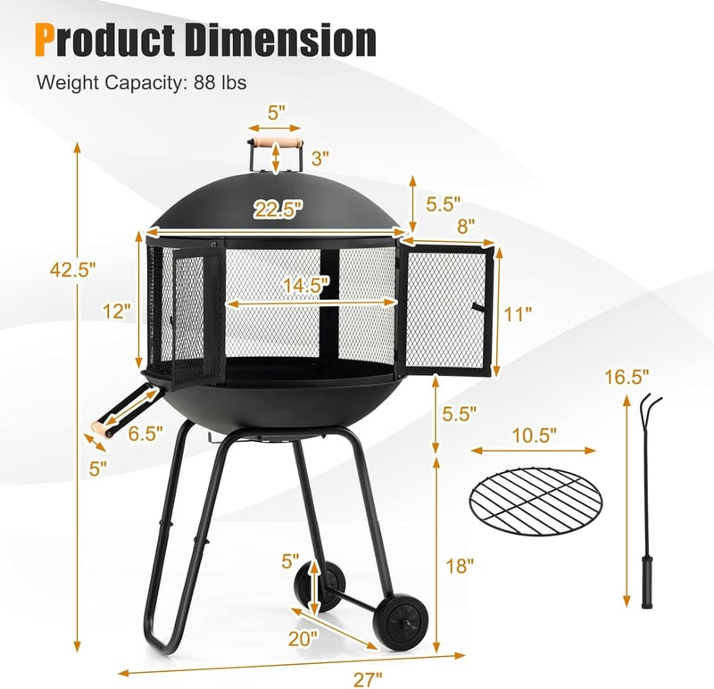 28” Outdoor Rolling Fire Pit with Lockable Doors and Poker