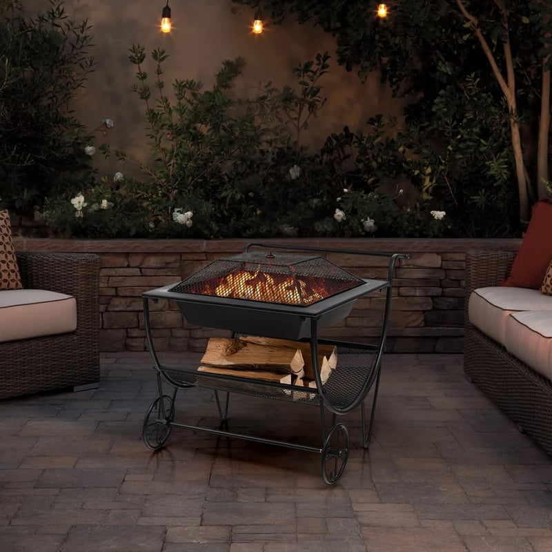 Portable Outdoor Fire Pit with Wheels and Wood Storage Rack