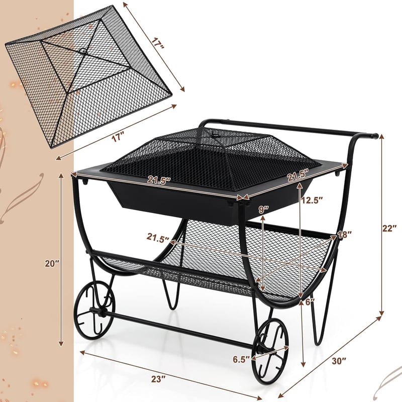 Portable Outdoor Fire Pit with Wheels and Wood Storage Rack
