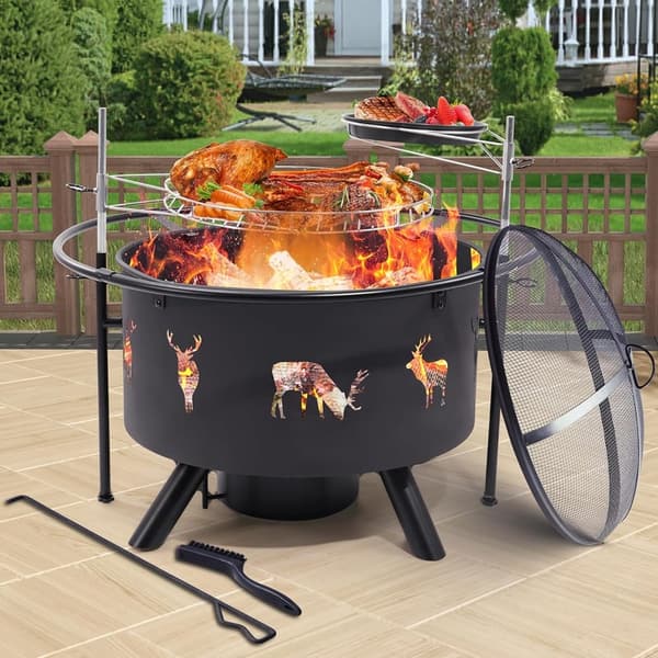Outdoor Wood Burning Fire Pit with Grills & Waterproof Cover