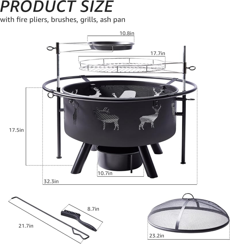 Outdoor Wood Burning Fire Pit with Grills & Waterproof Cover