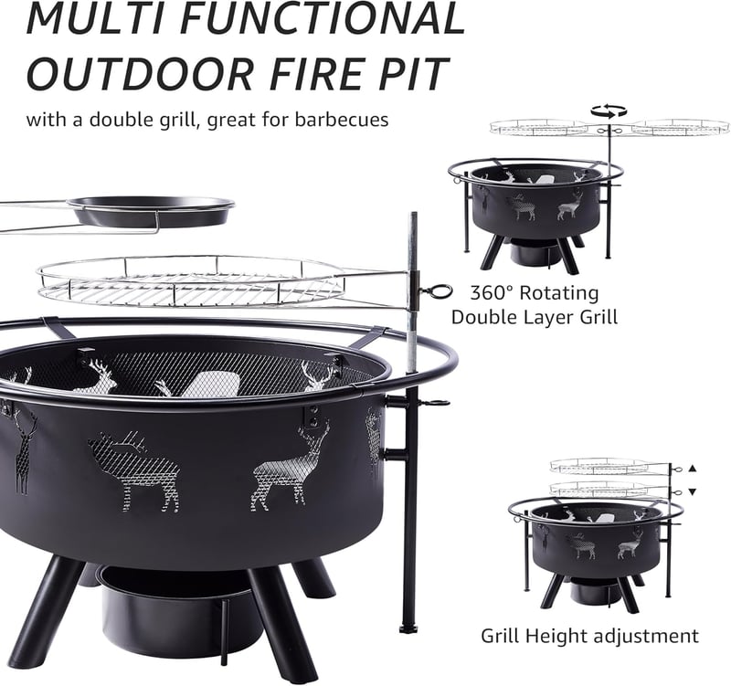 Outdoor Wood Burning Fire Pit with Grills & Waterproof Cover